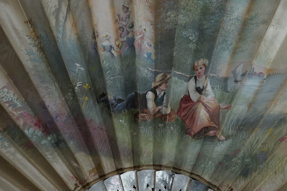 A group of 19th century fans to include a blonde tortoiseshell brisé fan, gilt decorated with sequins and a floral hand painted with figures with sequins decoration, some boxed, tortoiseshell fan 19cm high largest 36cm h
